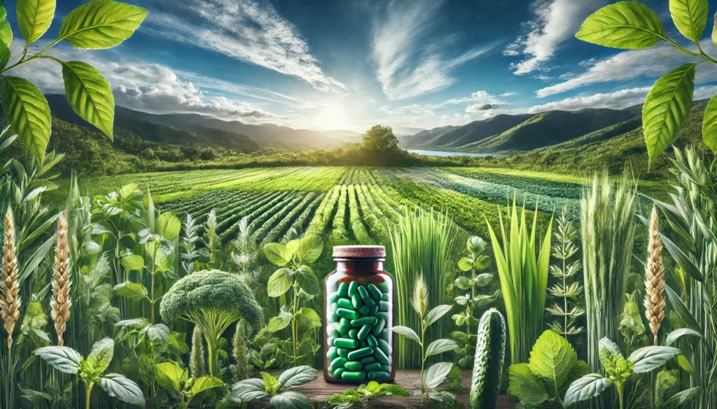 A lush green field abundant with organically grown medicinal herbs and nutrient-rich plants under a clear blue sky, symbolizing the natural purity and sustainability of organic supplements