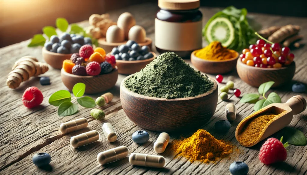 A close-up view of nutrient-rich organic supplements in powder and capsule form, featuring whole-food ingredients like turmeric, spirulina, and berries on a rustic wooden surface, emphasizing purity and natural health benefits