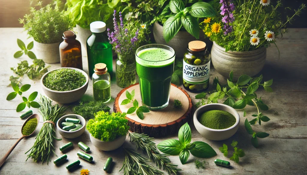 A serene wellness scene featuring a glass of green superfood smoothie, fresh herbs, and organic supplement bottles arranged in a tranquil, nature-inspired setting, symbolizing health and vitality