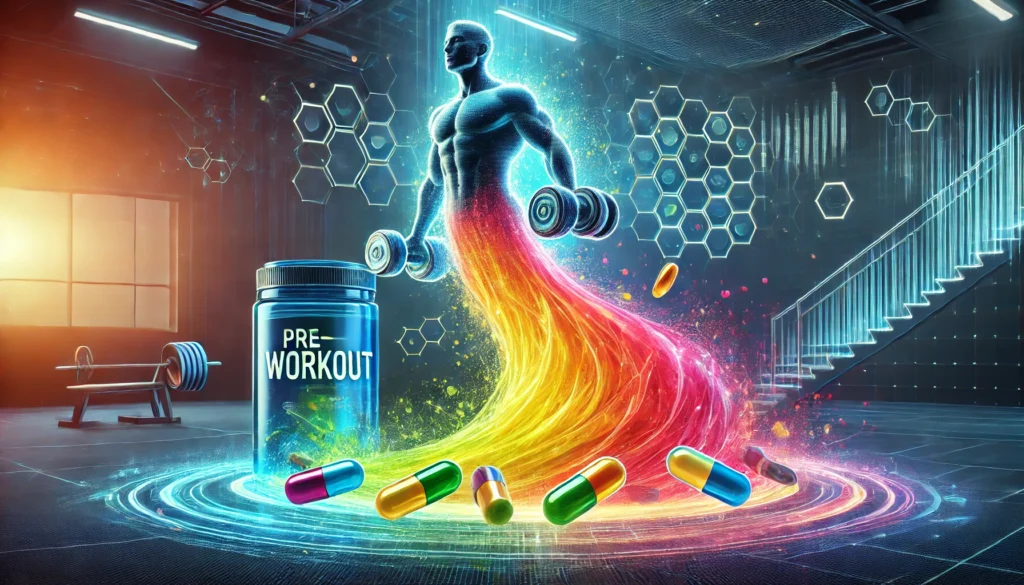 A futuristic visualization of pre-workout capsules dissolving into a radiant energy wave, transforming into a powerful athlete lifting heavy weights. The scene emphasizes strength, endurance, and recovery, with vibrant colors representing energy infusion in a high-tech gym environment.