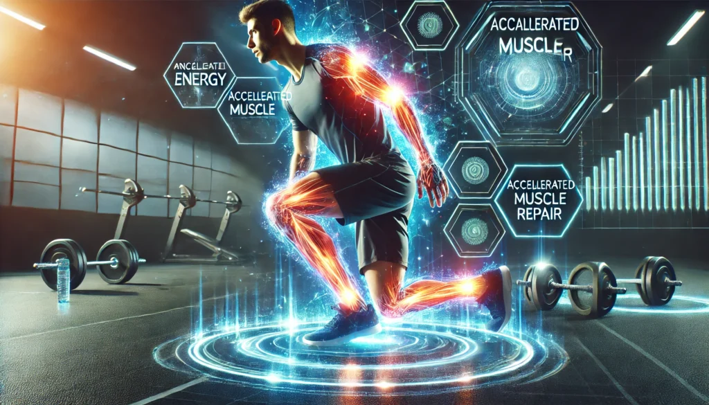 A futuristic athlete recovering post-workout, enveloped by a glowing bio-energy field symbolizing accelerated muscle repair. The scene captures endurance and strength, set in a sleek gym with digital elements illustrating enhanced recovery and rejuvenation.