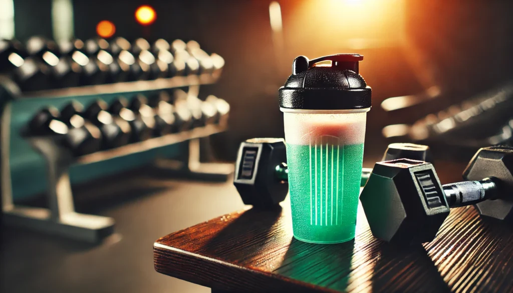 A close-up of a shaker bottle filled with a vibrant pre-workout drink, placed on a gym bench next to a pair of dumbbells. The bottle has subtle condensation, and the scene captures a refreshing and energizing atmosphere.