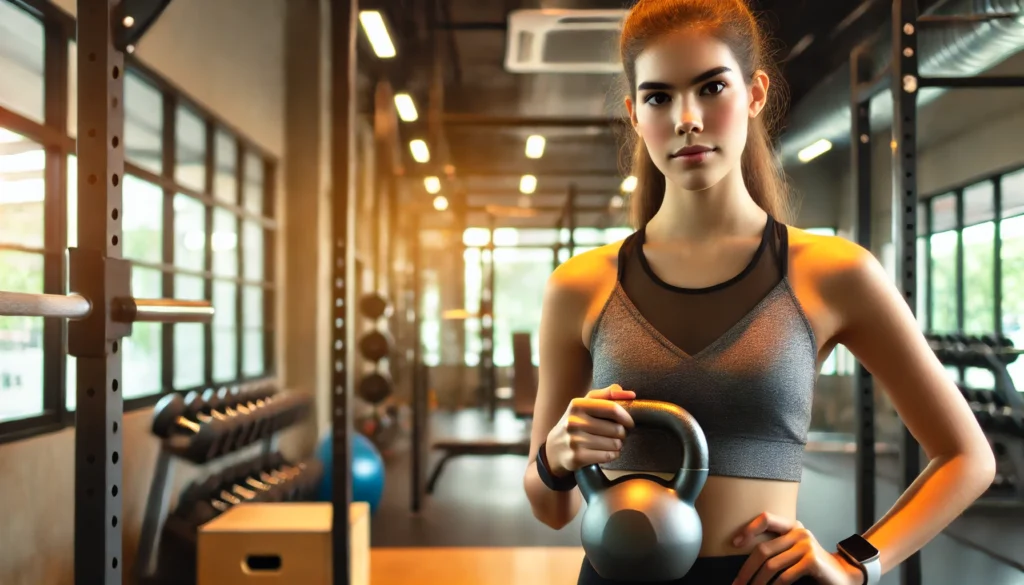 A young woman lifting a kettlebell in a modern gym, displaying focus and determination. The background features gym equipment and weight racks, slightly blurred to emphasize her strength training workout.