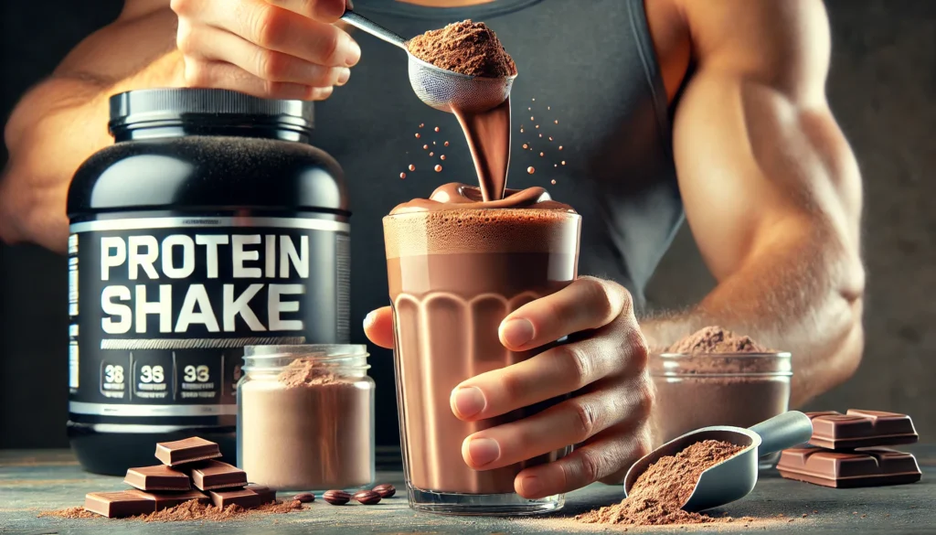 A close-up of a rich chocolate-flavored protein shake being poured into a glass, with protein powder and a scoop beside it, highlighting the nutritional value of pre-workout protein intake.