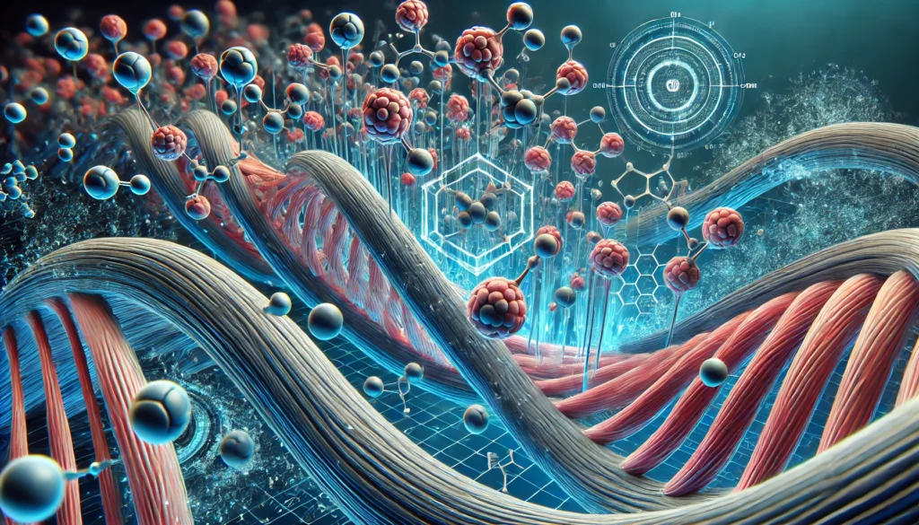 A futuristic illustration of muscle fibers absorbing protein molecules, symbolizing protein’s role in muscle recovery, strength building, and athletic performance.