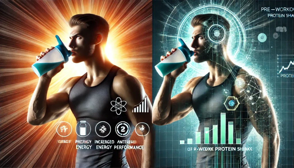  A side-by-side comparison of an athlete before and after consuming a protein shake, visually demonstrating increased energy levels and improved workout performance.