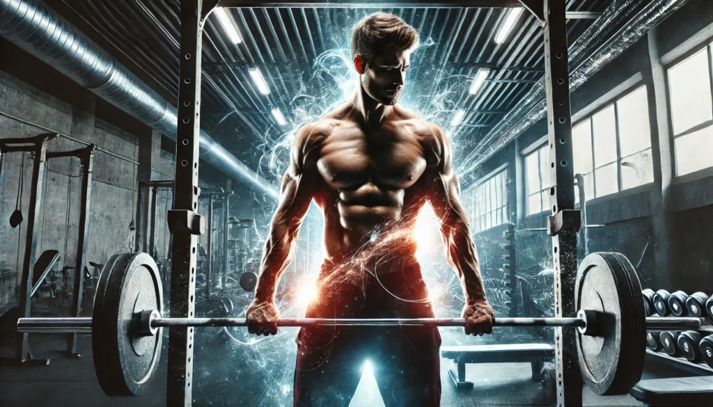 A muscular athlete lifting heavy weights in a gym, with glowing energy effects emphasizing power, strength, and endurance during an intense workout