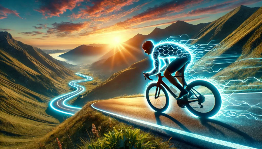 A cyclist speeding along a mountain road at sunrise, leaving a glowing energy trail behind, representing enhanced endurance, stamina, and fast recovery.

