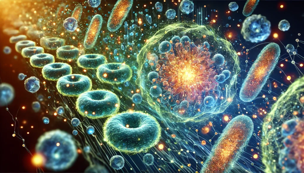 A detailed artistic visualization of human cells absorbing bioavailable nutrients, with glowing particles seamlessly merging into vibrant, healthy cells, symbolizing efficient nutrient uptake