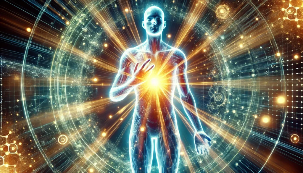 A futuristic depiction of a human body glowing with vitality, surrounded by a dynamic energy field symbolizing the power of bioavailable nutrients, representing optimal health and well-being