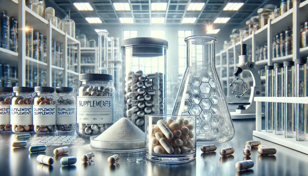 A visually stunning depiction of laboratory-tested supplements in a clean and modern lab setting, featuring high-quality supplement capsules and powdered nutrients in glass containers, symbolizing precision, purity, and scientific verification