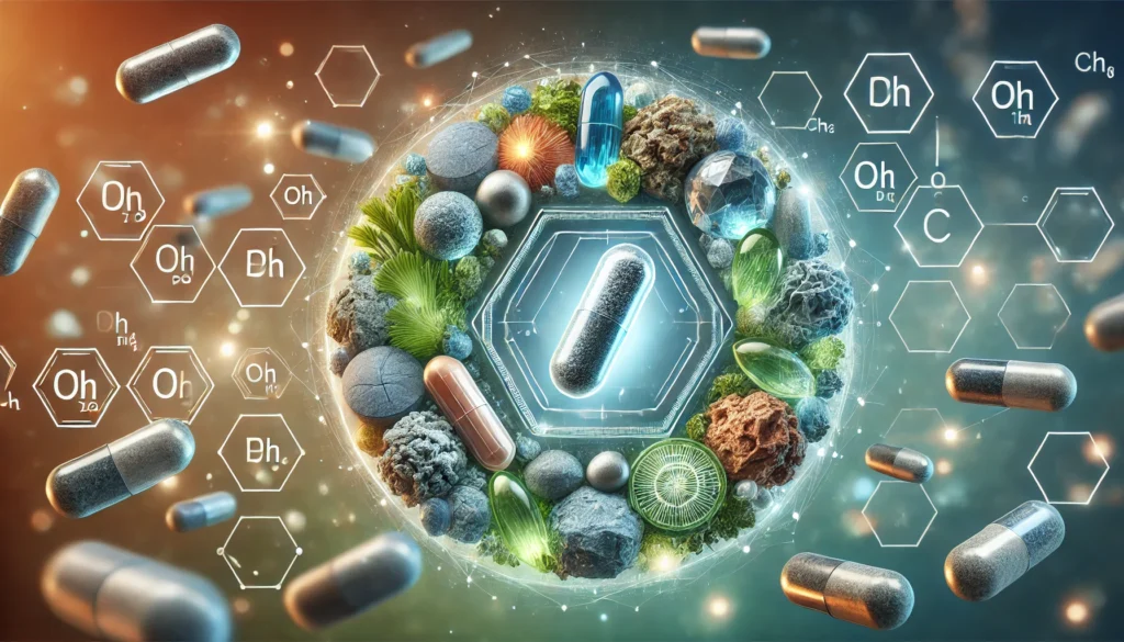 A close-up view of mineral supplement capsules and tablets in various natural hues, surrounded by glowing microscopic depictions of essential minerals like magnesium, zinc, and calcium, symbolizing bioavailability and scientific formulation