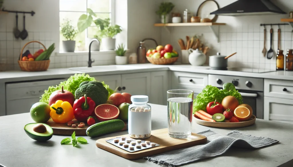 A modern kitchen countertop featuring an open bottle of mineral supplements next to a glass of water, surrounded by fresh fruits and vegetables, symbolizing daily wellness and balanced nutrition