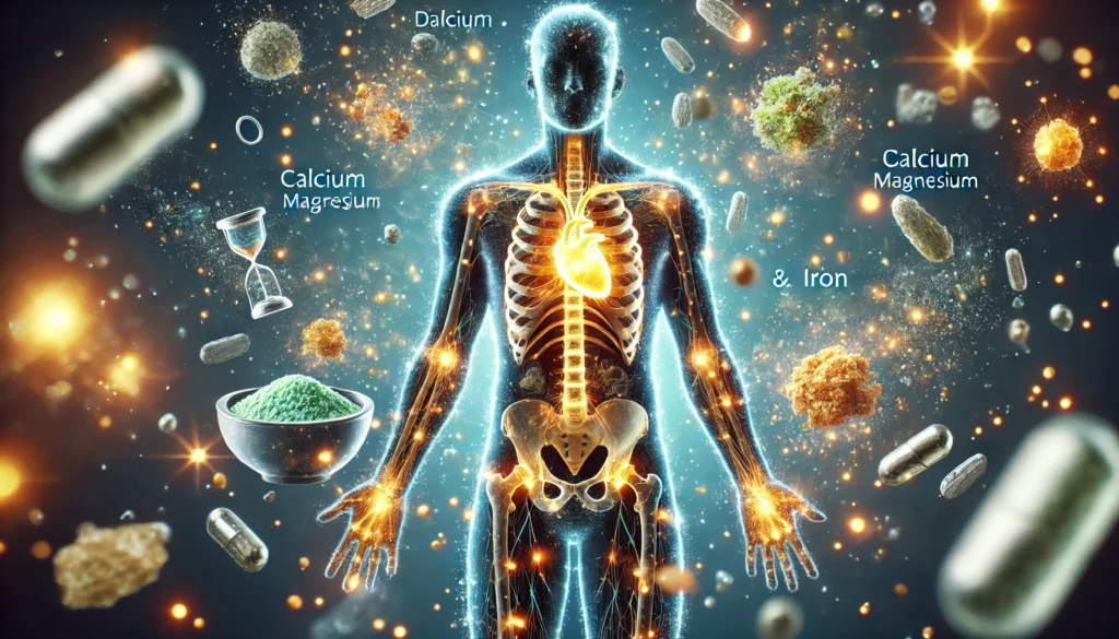 A glowing silhouette of a human body with highlighted bones, muscles, and organs, surrounded by floating mineral particles like calcium, magnesium, and iron, symbolizing the essential role of minerals in overall health and well-being