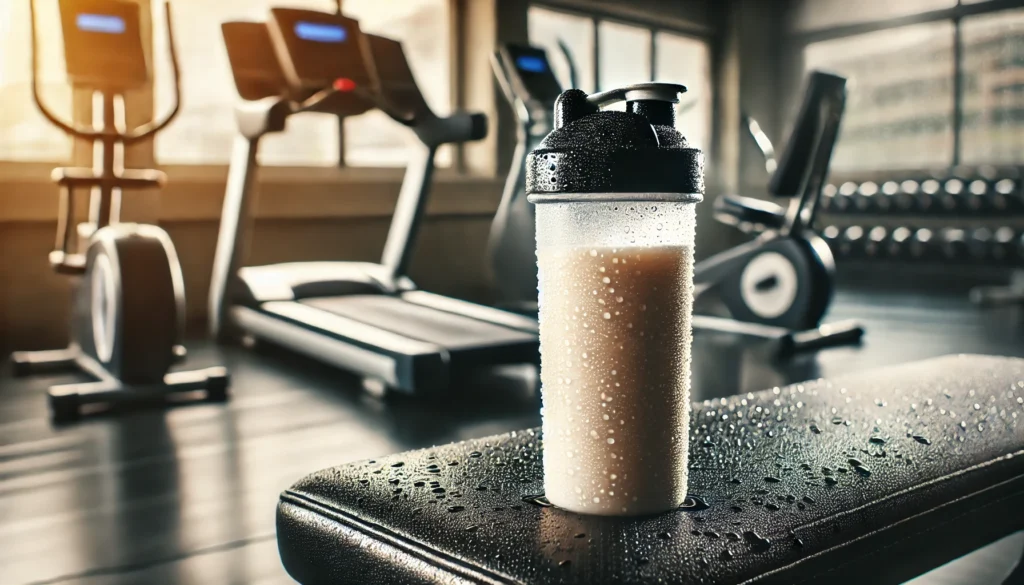 Close-up of a protein shake bottle with condensation droplets on a gym bench, with blurred cardio equipment in the background, symbolizing post-cardio recovery