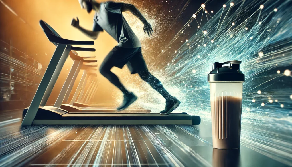 Action shot of a person finishing a cardio workout on a treadmill, with a protein shaker bottle on a nearby shelf, emphasizing post-workout anticipation