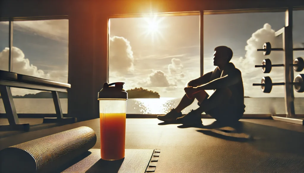 Person resting on a gym mat with a protein shake bottle beside them, sunlight streaming through a window, representing recovery and replenishment after cardio