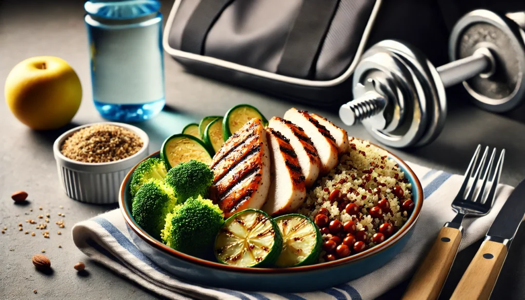 Protein-rich meal with grilled chicken, quinoa, and steamed vegetables, highlighting balanced nutrition for post-workout recovery.