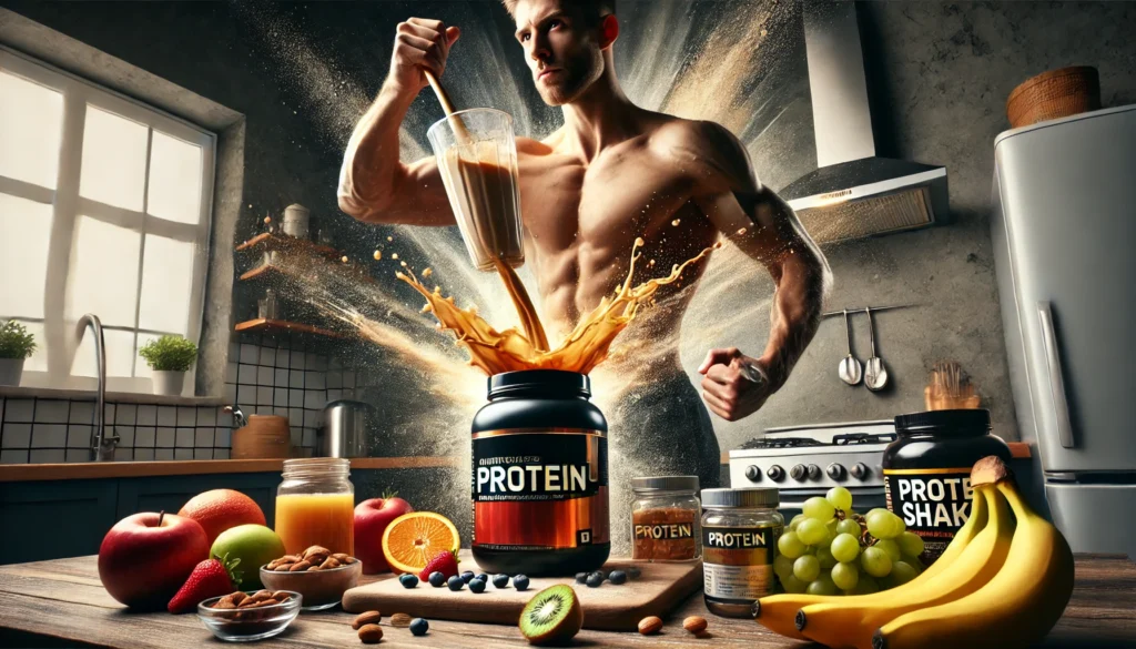 Athlete preparing a protein shake in a modern kitchen with supplements, fresh fruits, and nuts, emphasizing nutrition for muscle recovery