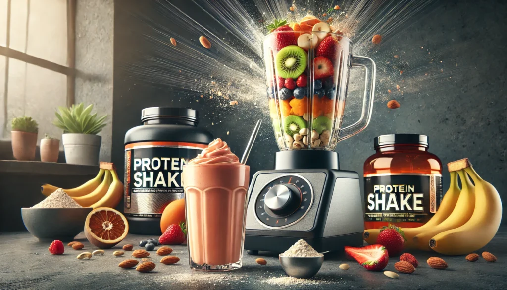 Blender with protein shake ingredients, including fruits, nuts, and protein powder, in a sporty kitchen environment, emphasizing nutrition for athletic recovery