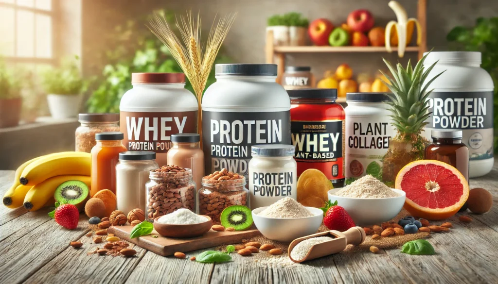 Assortment of protein powder containers including whey, plant-based, and collagen, surrounded by natural ingredients on a wooden table, symbolizing health and recovery