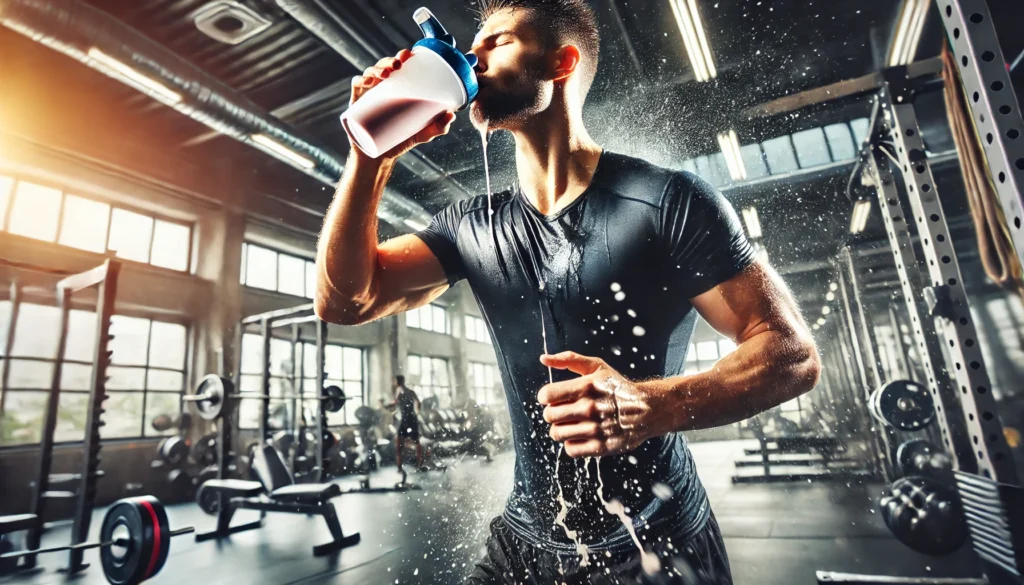 Athlete drinking a protein shake after an intense workout in a gym environment, capturing the moment of recovery and energy replenishment