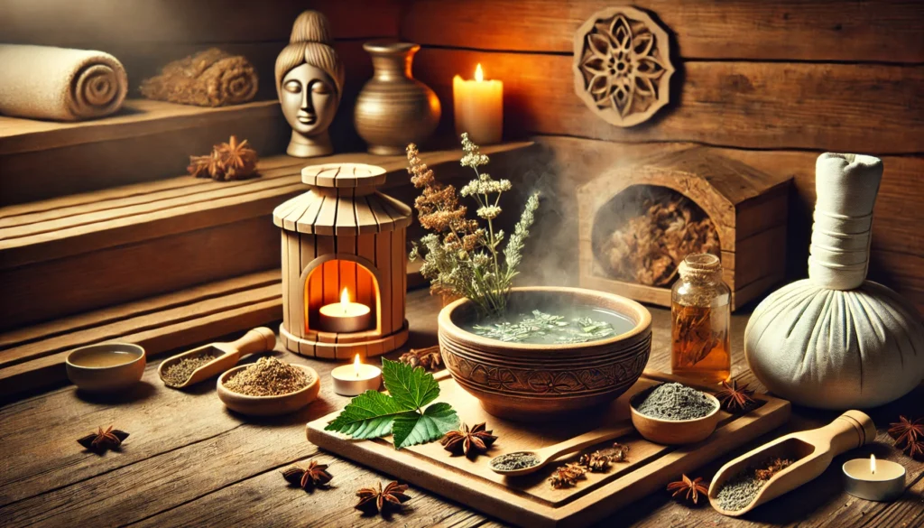 A serene spa environment featuring a wooden sauna, a bowl of steaming herbal water, and natural clay masks, symbolizing detoxification through sweating and skin purification. The warm candlelit ambiance enhances relaxation and renewal