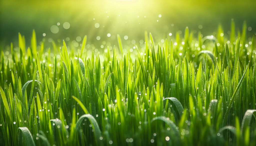 A vibrant wheatgrass field bathed in soft morning sunlight, with dewdrops glistening on the fresh green blades, symbolizing the detoxifying power of natural superfoods and the renewal of health