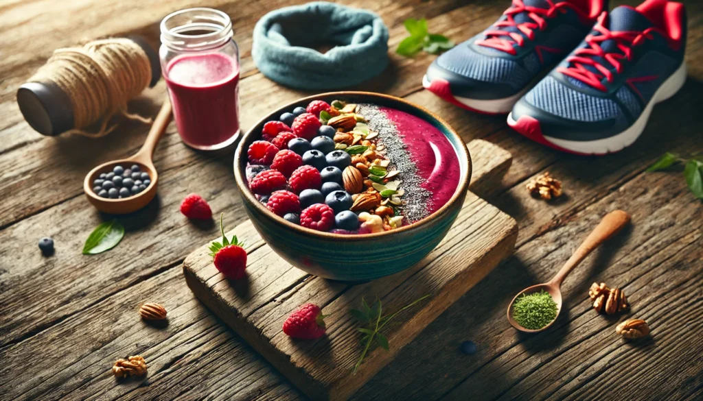 Smoothie bowl topped with fresh berries, nuts, and protein powder on a rustic wooden table, with subtle hints of running gear suggesting a nutritious post-run recovery meal