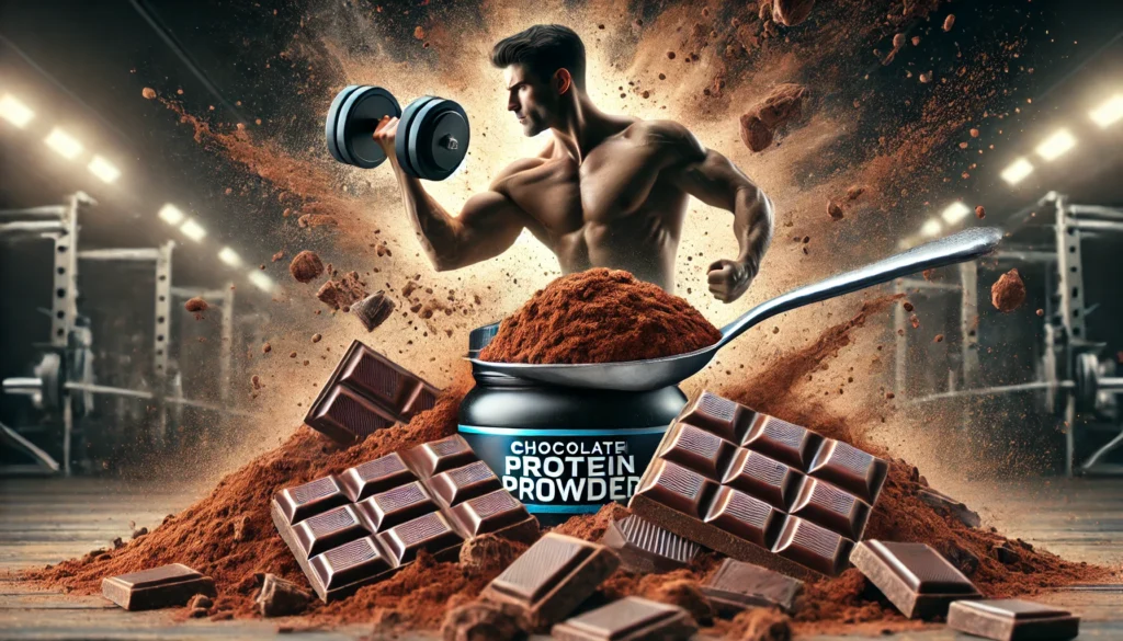 Chocolate protein powder scoop with dark chocolate chunks and cocoa powder, with an athlete lifting weights in the background, highlighting strength and enhanced performance