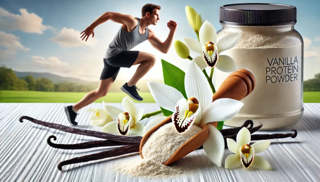 Vanilla protein powder scoop with vanilla pods and blooming flowers, with a runner sprinting in the background, representing energy, stamina, and rapid recovery