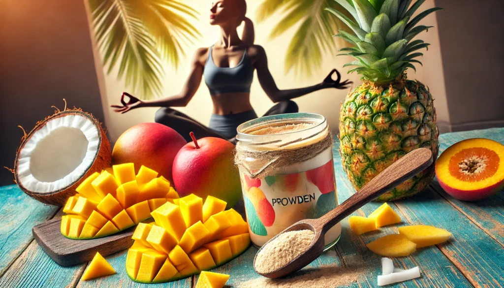 Tropical protein powder scoop surrounded by mango, pineapple, and coconut slices, with a yoga practitioner balancing in the background, conveying harmony, muscle recovery, and revitalization