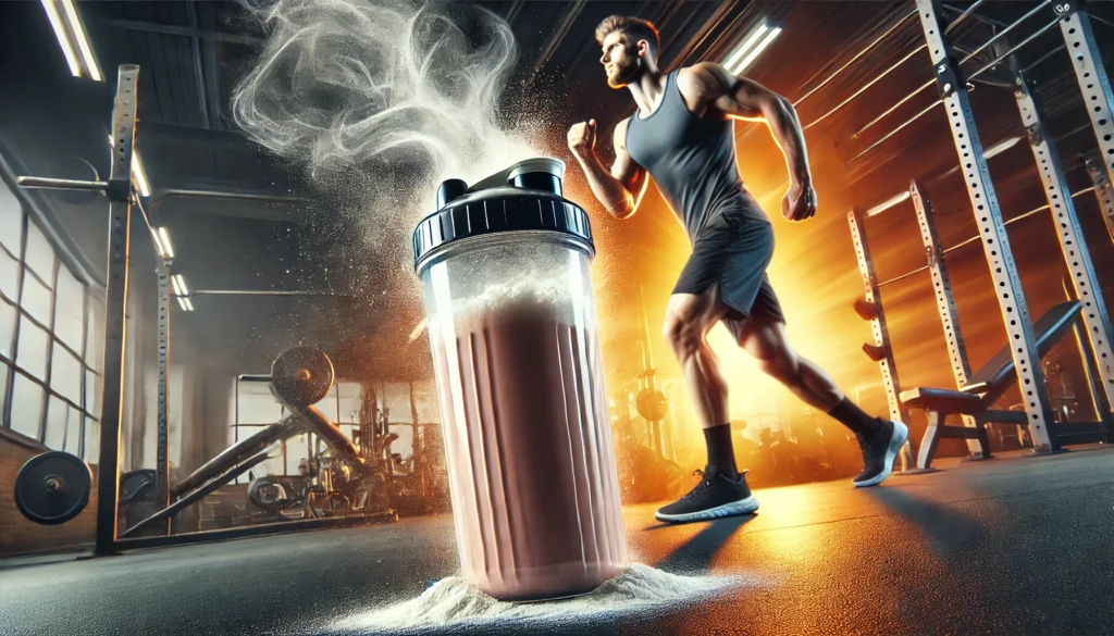 Dynamic shot of a protein shake bottle with swirling powder, set against a gym backdrop with an athlete in action, emphasizing post-workout recovery