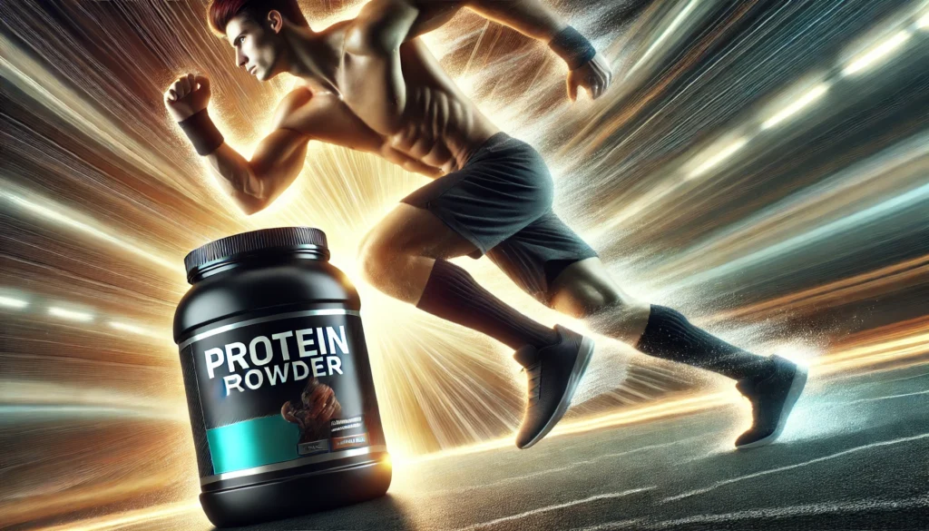 Energized athlete mid-sprint with motion blur, accompanied by a tub of protein powder glowing in the foreground, symbolizing improved speed, strength, and recovery