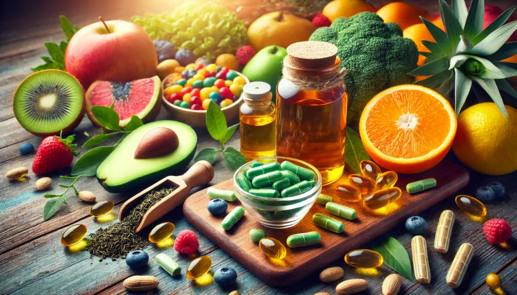 Natural fat-burning supplements such as green tea extract, omega-3 fish oil, and L-carnitine capsules surrounded by fresh fruits and vegetables, symbolizing health and vitality