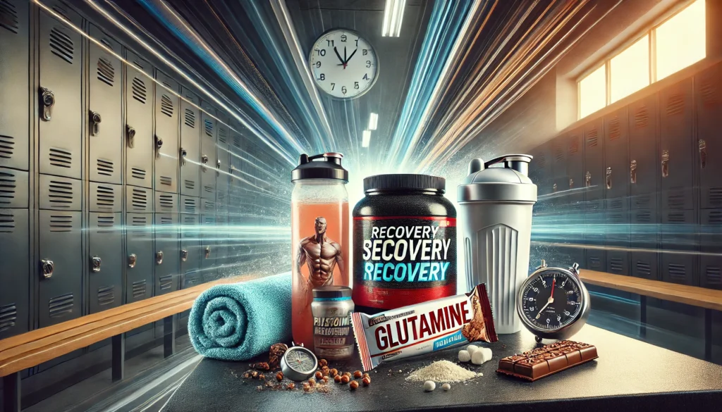 Post-workout recovery supplements including electrolyte drinks, protein bars, and glutamine powder in a gym locker room setting, emphasizing athletic recovery and rejuvenation