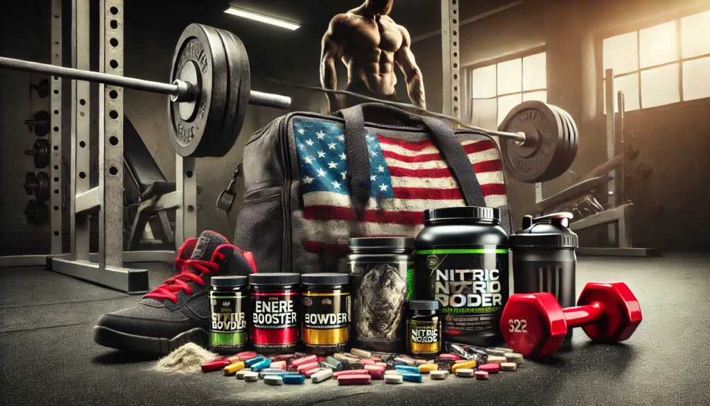 Pre-workout supplements like energy boosters, caffeine pills, and nitric oxide powder with a dumbbell and gym bag on a gym floor, reflecting motivation and athletic preparation