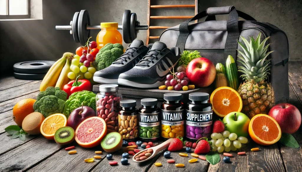 Vitamin and supplement containers with fresh fruits and vegetables on a wooden table, accompanied by a gym bag and workout shoes, highlighting natural energy sources for athletic performance.