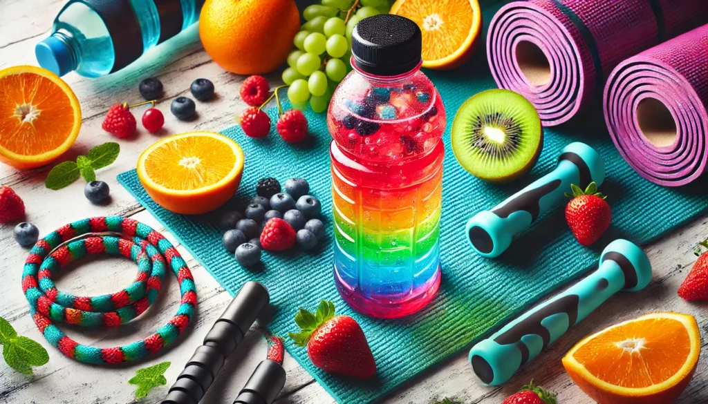 Colorful sports drink surrounded by fresh fruits like oranges and berries on a yoga mat, with resistance bands and jump rope nearby, symbolizing energy and hydration during fitness activities