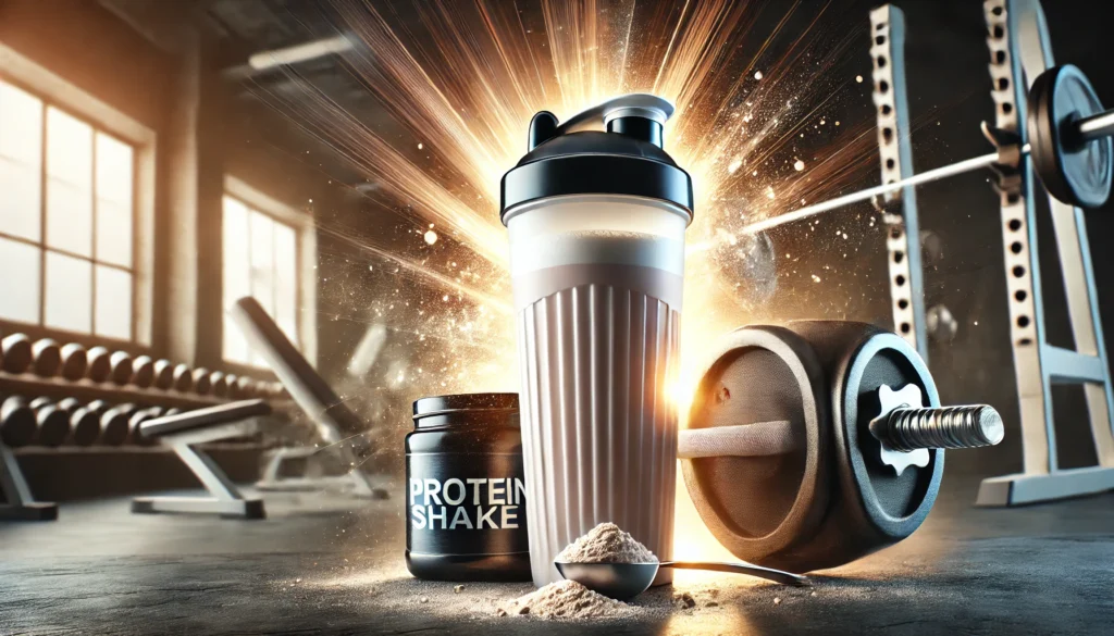 Protein shake in a sleek shaker bottle with a scoop of protein powder beside it, set in a gym environment with heavy weights and a workout bench, representing muscle recovery and performance enhancement