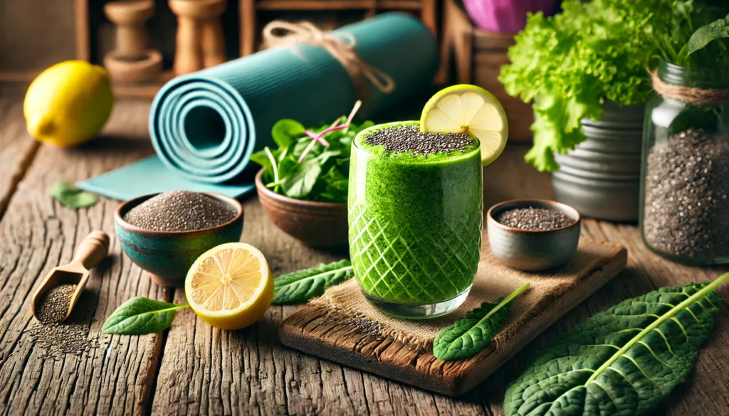 Green smoothie with leafy greens, chia seeds, and lemon slice on a rustic wooden table, with yoga equipment in the background, conveying a refreshing post-workout drink for recovery and revitalization