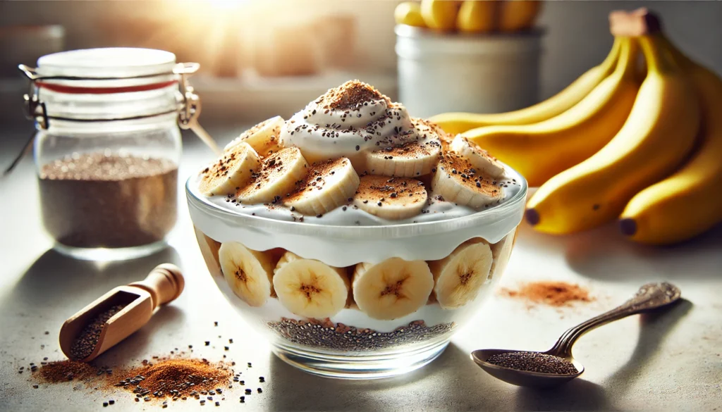 Greek yogurt mixed with sliced bananas, chia seeds, and cinnamon in a glass bowl on a bright kitchen counter – energizing breakfast for early morning workout.