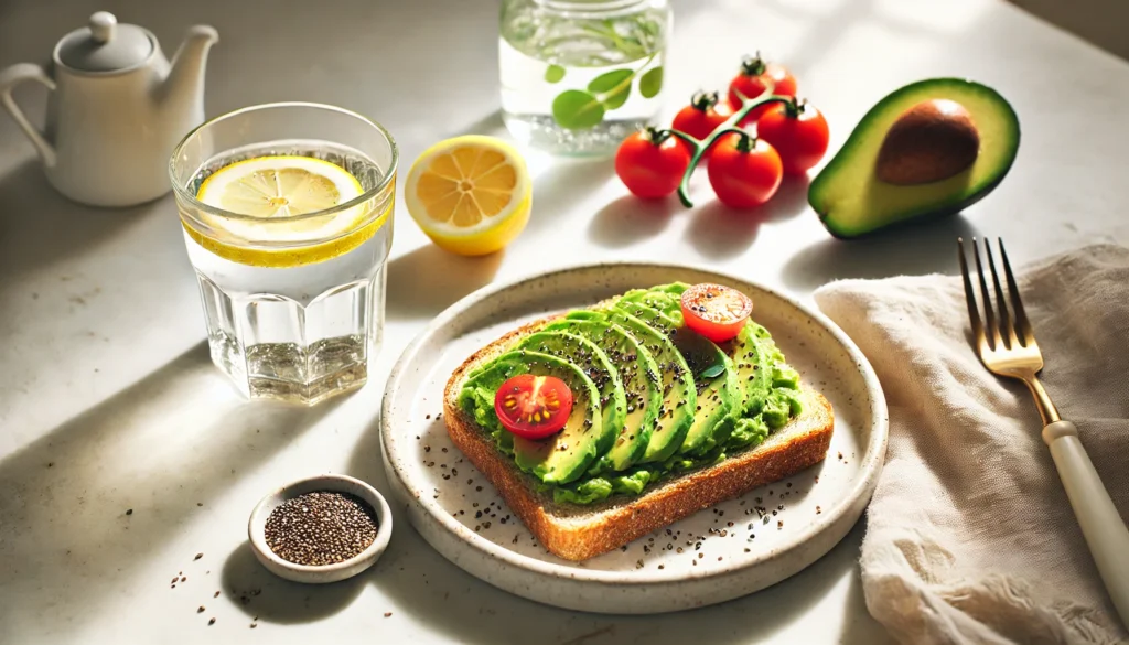 "Whole-grain toast with avocado, cherry tomatoes, and chia seeds accompanied by a glass of lemon water on a white marble countertop – nutritious pre-workout snack for fat loss.