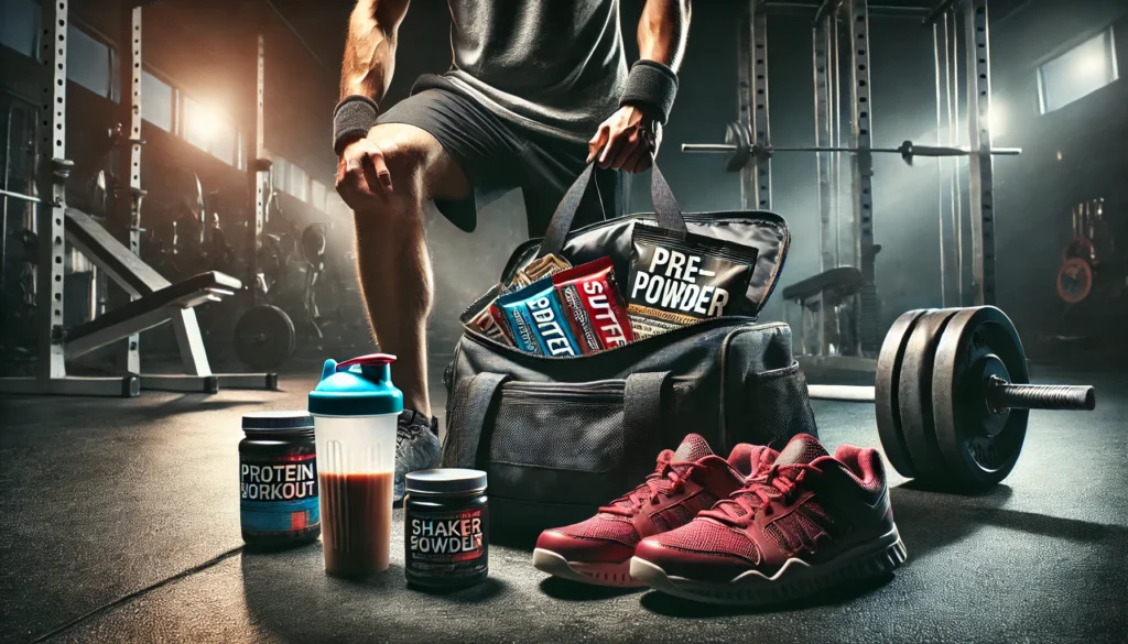 Gym bag with visible workout supplements such as protein bars and pre-workout powder, surrounded by athletic shoes and a weightlifting belt, set in a dimly lit gym environment