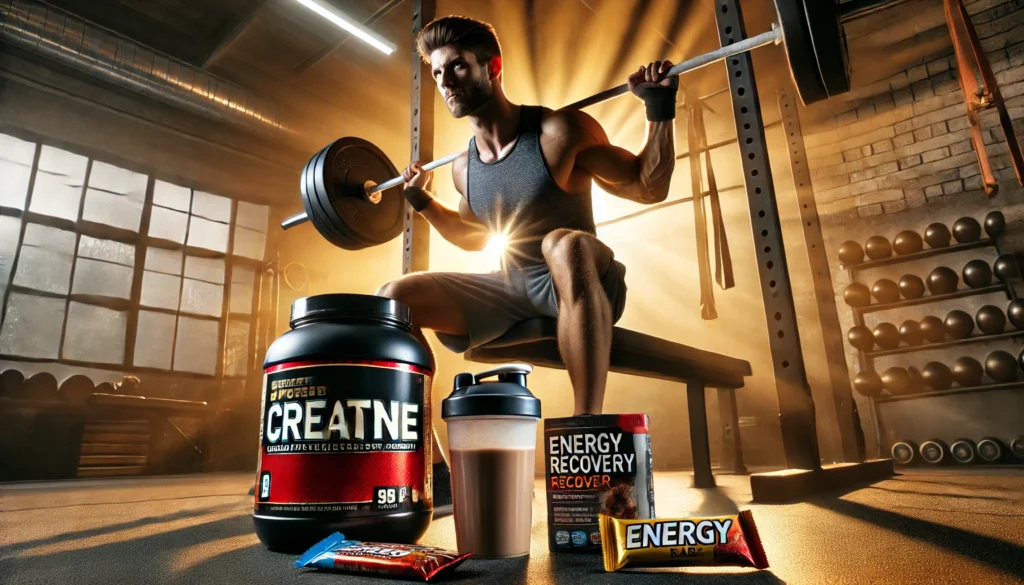 High-energy scene of workout supplements on a gym bench, including creatine powder, protein shakes, and energy bars, with a man weightlifting in the background, emphasizing athletic recovery and peak performanc