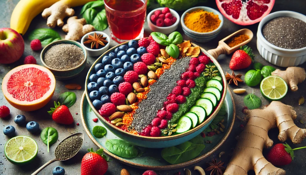 A vibrant detox smoothie bowl filled with fresh berries, chia seeds, and leafy greens, artistically arranged with sliced fruits, seeds, and nuts. Surrounding the bowl are detox-friendly ingredients like ginger, turmeric, and herbal tea, radiating a healthy and refreshing aesthetic