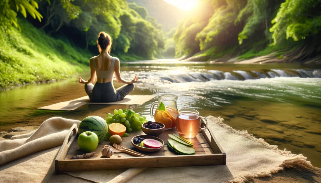 A serene wellness scene with a woman practicing yoga near a flowing river, surrounded by lush greenery and soft morning sunlight. A wooden tray with herbal tea, fresh fruits, and detox-friendly ingredients sits nearby, representing balance, cleansing, and rejuvenation