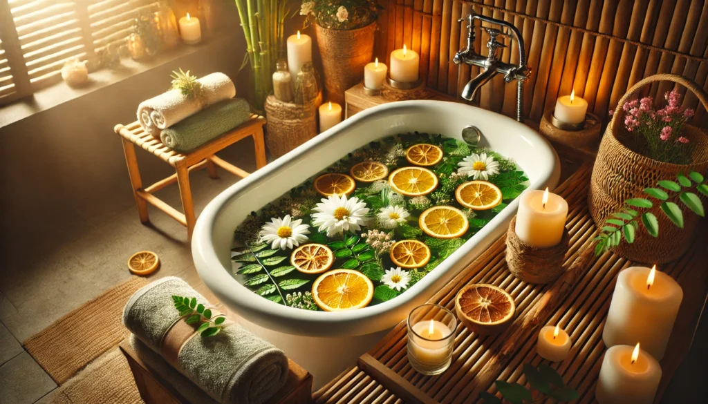 A luxurious detox bath with herbal-infused water, floating citrus slices, and flower petals in a serene bathroom setting. The warm candlelight, bamboo decor, and fresh towels create an ambiance of relaxation, purification, and wellness