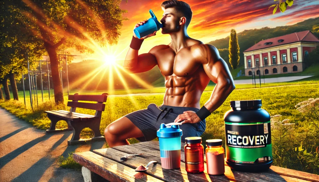 Muscular man drinking a post-workout recovery shake outdoors, with workout supplements like protein powder and amino acids on a nearby bench, set against a scenic sunset in a park, representing athletic regeneration and peak performance