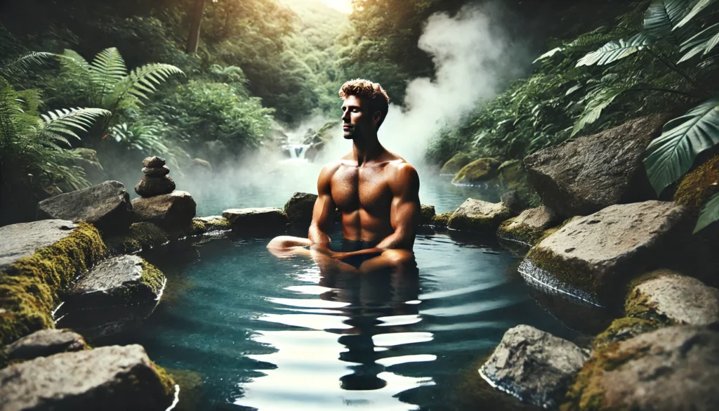 A muscular man relaxing in a natural hot spring, surrounded by rocks and lush greenery. Steam rises gently from the water, symbolizing deep detoxification, purification, and rejuvenation